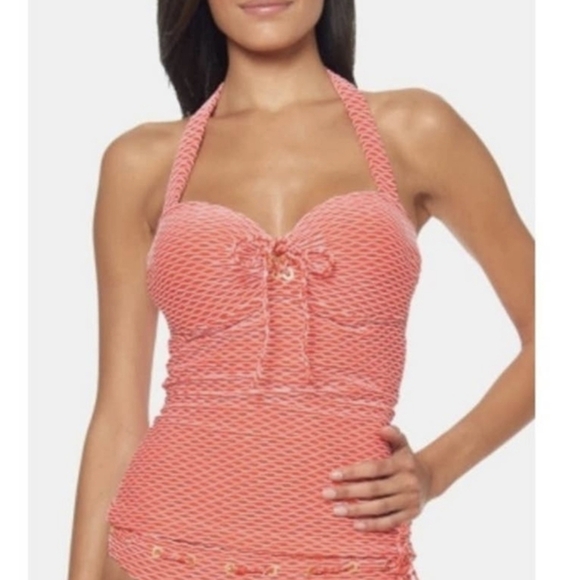 Jessica Simpson Twiggy Stripe underwire halter tankini top in Melon - Picture 2 of 8